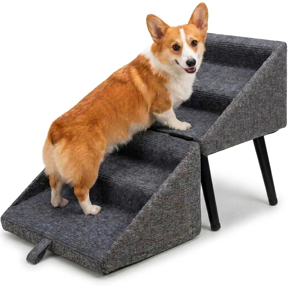 Foldable Pet Steps Ramp for Dogs and Cats, Non-Slip Lightweight Portable Dog Stairs for Bed Sofa, Small Medium Dog Stool with Anti-Slip Base (Grey)