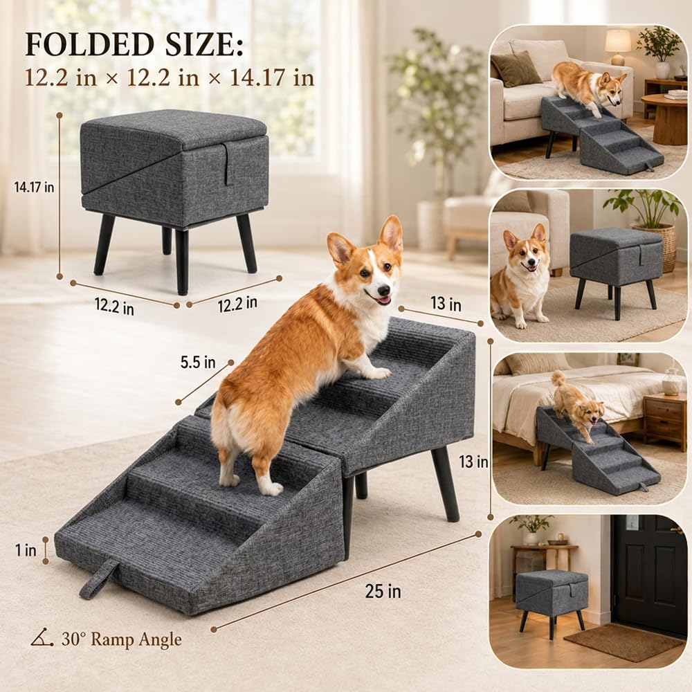 Foldable Pet Steps Ramp for Dogs and Cats, Non-Slip Lightweight Portable Dog Stairs for Bed Sofa, Small Medium Dog Stool with Anti-Slip Base (Grey)
