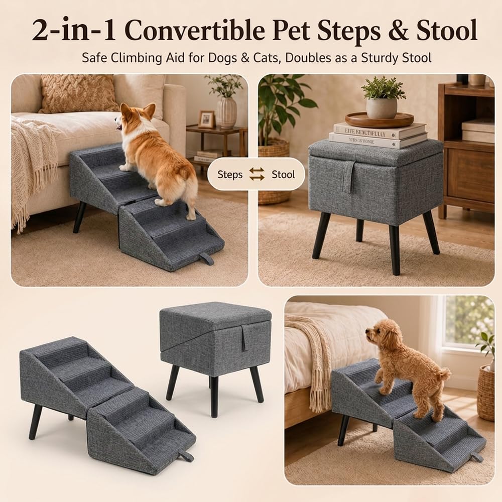 Foldable Pet Steps Ramp for Dogs and Cats, Non-Slip Lightweight Portable Dog Stairs for Bed Sofa, Small Medium Dog Stool with Anti-Slip Base (Grey)