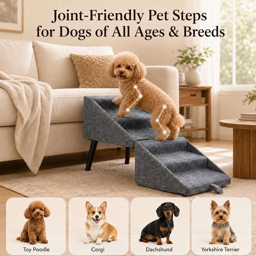Foldable Pet Steps Ramp for Dogs and Cats, Non-Slip Lightweight Portable Dog Stairs for Bed Sofa, Small Medium Dog Stool with Anti-Slip Base (Grey)